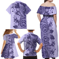Polynesia Family Matching Off Shoulder Maxi Dress and Hawaiian Shirt Hibiscus and Hawaiian Tribal Tattoo Retro Style Violet Color LT9 - Wonder Print Shop