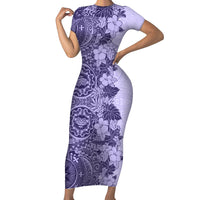 Polynesia Family Matching Short Sleeve Bodycon Dress and Hawaiian Shirt Hibiscus and Hawaiian Tribal Tattoo Retro Style Violet Color - Wonder Print Shop