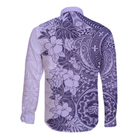 Polynesia Long Sleeve Button Shirt Hibiscus and Hawaiian Tribal Tattoo Retro Style Violet Color - Wonder Print Shop