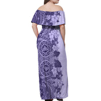 Polynesia Off Shoulder Maxi Dress Hibiscus and Hawaiian Tribal Tattoo Retro Style Violet Color - Wonder Print Shop