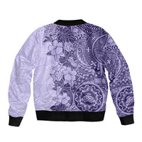 Polynesia Sleeve Zip Bomber Jacket Hibiscus and Hawaiian Tribal Tattoo Retro Style Violet Color - Wonder Print Shop
