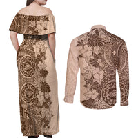 Polynesia Couples Matching Off Shoulder Maxi Dress and Long Sleeve Button Shirt Hibiscus and Hawaiian Tribal Tattoo Retro Style Pink Pastel LT9 - Wonder Print Shop