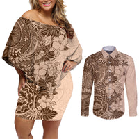 Polynesia Couples Matching Off Shoulder Short Dress and Long Sleeve Button Shirt Hibiscus and Hawaiian Tribal Tattoo Retro Style Pink Pastel LT9 - Wonder Print Shop