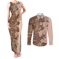 Polynesia Couples Matching Tank Maxi Dress and Long Sleeve Button Shirt Hibiscus and Hawaiian Tribal Tattoo Retro Style Pink Pastel LT9 - Wonder Print Shop