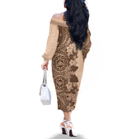 Polynesia Family Matching Off Shoulder Long Sleeve Dress and Hawaiian Shirt Hibiscus and Hawaiian Tribal Tattoo Retro Style Pink Pastel - Wonder Print Shop