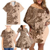 Polynesia Family Matching Off Shoulder Short Dress and Hawaiian Shirt Hibiscus and Hawaiian Tribal Tattoo Retro Style Pink Pastel LT9 - Wonder Print Shop