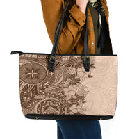 Polynesia Leather Tote Bag Hibiscus and Hawaiian Tribal Tattoo Retro Style Pink Pastel - Wonder Print Shop