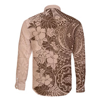 Polynesia Long Sleeve Button Shirt Hibiscus and Hawaiian Tribal Tattoo Retro Style Pink Pastel - Wonder Print Shop