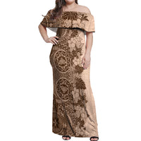 Polynesia Off Shoulder Maxi Dress Hibiscus and Hawaiian Tribal Tattoo Retro Style Pink Pastel - Wonder Print Shop