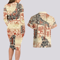 Hawaii Couples Matching Long Sleeve Bodycon Dress and Hawaiian Shirt Aloha Tribal Pattern Beige Version LT9 - Wonder Print Shop