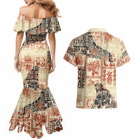 Hawaii Couples Matching Mermaid Dress and Hawaiian Shirt Aloha Tribal Pattern Beige Version LT9 - Wonder Print Shop