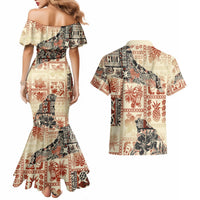 Hawaii Couples Matching Mermaid Dress and Hawaiian Shirt Aloha Tribal Pattern Beige Version LT9 - Wonder Print Shop