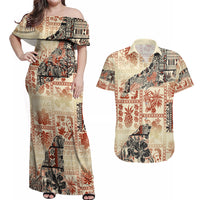 Hawaii Couples Matching Off Shoulder Maxi Dress and Hawaiian Shirt Aloha Tribal Pattern Beige Version LT9 - Wonder Print Shop