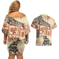 Beige off-shoulder short dress and Hawaiian shirt, back view with tribal floral print