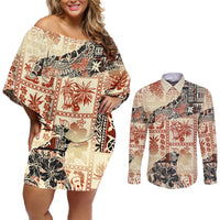 Hawaii Couples Matching Off Shoulder Short Dress and Long Sleeve Button Shirt Aloha Tribal Pattern Beige Version LT9 - Wonder Print Shop