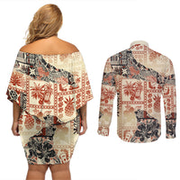 Hawaii Couples Matching Off Shoulder Short Dress and Long Sleeve Button Shirt Aloha Tribal Pattern Beige Version LT9 - Wonder Print Shop