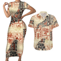 Hawaii Couples Matching Short Sleeve Bodycon Dress and Hawaiian Shirt Aloha Tribal Pattern Beige Version LT9 - Wonder Print Shop