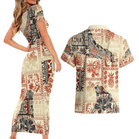 Hawaii Couples Matching Short Sleeve Bodycon Dress and Hawaiian Shirt Aloha Tribal Pattern Beige Version LT9 - Wonder Print Shop