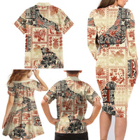Hawaii Family Matching Long Sleeve Bodycon Dress and Hawaiian Shirt Aloha Tribal Pattern Beige Version LT9 - Wonder Print Shop