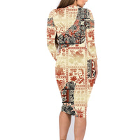 Hawaii Family Matching Long Sleeve Bodycon Dress and Hawaiian Shirt Aloha Tribal Pattern Beige Version LT9 - Wonder Print Shop