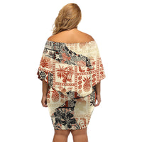Hawaii Family Matching Off Shoulder Short Dress and Hawaiian Shirt Aloha Tribal Pattern Beige Version LT9 - Wonder Print Shop