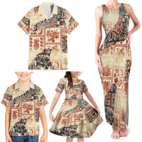 Hawaii Family Matching Tank Maxi Dress and Hawaiian Shirt Aloha Tribal Pattern Beige Version - Wonder Print Shop