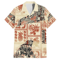 Beige Hawaiian shirt with orange, black tribal and floral patchwork pattern