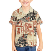 Kids' beige Hawaiian shirt with orange and black tribal floral patchwork