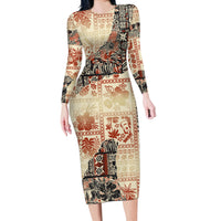 Hawaii Long Sleeve Bodycon Dress Aloha Tribal Pattern Beige Version - Wonder Print Shop