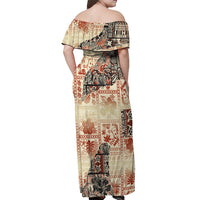 Hawaii Off Shoulder Maxi Dress Aloha Tribal Pattern Beige Version - Wonder Print Shop