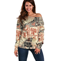 Hawaii Off Shoulder Sweater Aloha Tribal Pattern Beige Version - Wonder Print Shop