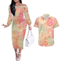 Hawaii Couples Matching Off The Shoulder Long Sleeve Dress and Hawaiian Shirt Aloha Tribal Pattern Sweat Pink Ombre LT9 - Wonder Print Shop