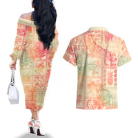 Hawaii Couples Matching Off The Shoulder Long Sleeve Dress and Hawaiian Shirt Aloha Tribal Pattern Sweat Pink Ombre LT9 - Wonder Print Shop
