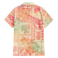 Pink Hawaiian shirt with aloha tribal patchwork print, short sleeves, button-up front