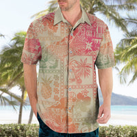 Button-front Hawaiian shirt in pink with aloha tribal patchwork print and short sleeves