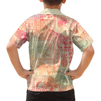 Kids pink Hawaiian shirt back view with aloha tribal patchwork print and short sleeves