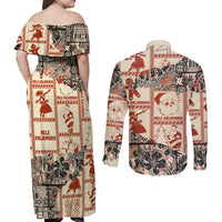 Aloha Hawaii Christmas Couples Matching Off Shoulder Maxi Dress and Long Sleeve Button Shirt Mele Kalikimaka Tapa Tribal Retro Style LT9 - Wonder Print Shop