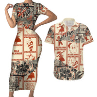 Aloha Hawaii Christmas Couples Matching Short Sleeve Bodycon Dress and Hawaiian Shirt Mele Kalikimaka Tapa Tribal Retro Style LT9 - Wonder Print Shop