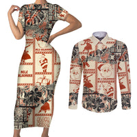 Aloha Hawaii Christmas Couples Matching Short Sleeve Bodycon Dress and Long Sleeve Button Shirt Mele Kalikimaka Tapa Tribal Retro Style LT9 - Wonder Print Shop