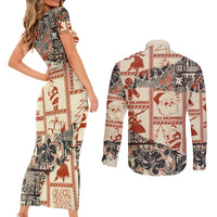 Aloha Hawaii Christmas Couples Matching Short Sleeve Bodycon Dress and Long Sleeve Button Shirt Mele Kalikimaka Tapa Tribal Retro Style LT9 - Wonder Print Shop