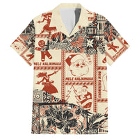 Beige short-sleeve Hawaiian shirt with red and black festive tribal patchwork print
