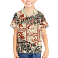 Beige kids Hawaiian shirt with short sleeves, open collar, red and black festive graphic print