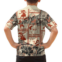 Beige Hawaiian shirt back view, short sleeves, red and black festive tribal pattern print