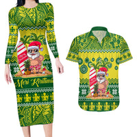 Personalised Cook Islands Christmas Couples Matching Long Sleeve Bodycon Dress and Hawaiian Shirt Santa Beach Meri Kiritimiti LT9 - Wonder Print Shop