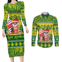 Personalised Cook Islands Christmas Couples Matching Long Sleeve Bodycon Dress and Long Sleeve Button Shirt Santa Beach Meri Kiritimiti LT9 - Wonder Print Shop