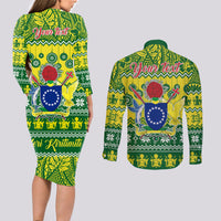 Personalised Cook Islands Christmas Couples Matching Long Sleeve Bodycon Dress and Long Sleeve Button Shirt Santa Beach Meri Kiritimiti LT9 - Wonder Print Shop