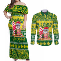 Personalised Cook Islands Christmas Couples Matching Off Shoulder Maxi Dress and Long Sleeve Button Shirt Santa Beach Meri Kiritimiti LT9 - Wonder Print Shop