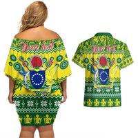 Personalised Cook Islands Christmas Couples Matching Off Shoulder Short Dress and Hawaiian Shirt Santa Beach Meri Kiritimiti LT9 - Wonder Print Shop