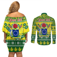Personalised Cook Islands Christmas Couples Matching Off Shoulder Short Dress and Long Sleeve Button Shirt Santa Beach Meri Kiritimiti LT9 - Wonder Print Shop