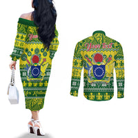 personalised-cook-islands-christmas-couples-matching-off-the-shoulder-long-sleeve-dress-and-long-sleeve-button-shirt-santa-beach-meri-kiritimiti